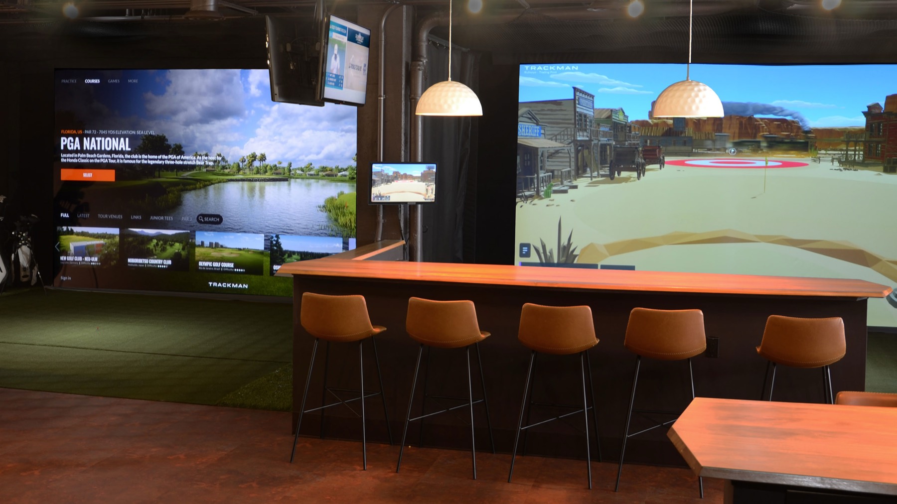 Two TrackMan simulator screens at Links Club showing PGA National and the Trading Post target game